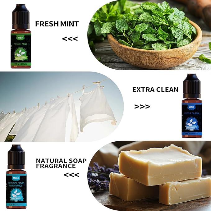 MISIJI Housekeeping Essential Oils Set for Diffuser,Pure Aromatherapy Oil for Diffuser,Candle Making,Natural Soap Scent,Cherry Blossom Soap,Fresh Mint,Fresh Linen,Air Freshener,Extra Clean
