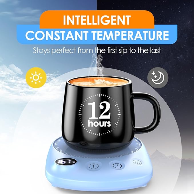 KitchekShop Coffee Mug Warmer - Fastest Heating & Highest Temperature, Coffee Cup Warmer for Desk Auto Shut Off, 4 Temp Settings & 1-12H Timer, Smart Electric Beverage Warmer for Coffee, Tea (Blue)