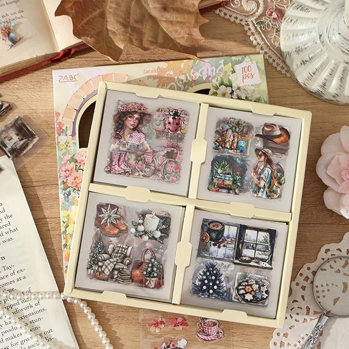 Scrapbooking Stickers Set for Adults, 100 Sheets 3.1 x 3.1 Inches Diecut Seasons Flow Theme, PET Stickers for Journaling, Junk Journal Supplies, Collage, Scrap Book, DIY Crats Arts Decorative