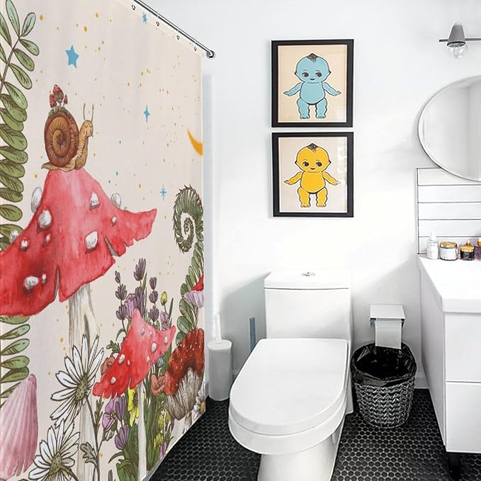 Mushroom Shower Curtain, Wild Floral Botanical Moon Star Daisy Cottagecore Nature Botanical Plants Herbs Farmhouse Waterproof Fabric Bathroom Shower Curtain Set with Hooks, 72"x78" Inch
