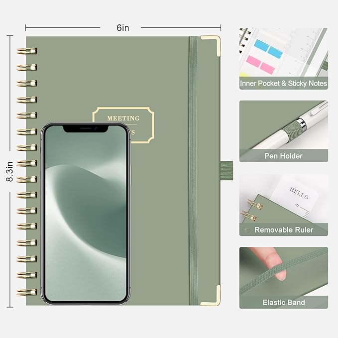 EMSHOI Meeting Notebook for Work - A5 Half Meeting Half Note Planner, 140 Pages, 100GSM Thick Paper, Hardcover, Project Organizer for Women Men Office, Business, Note Taking, 6"x8.3" - Green