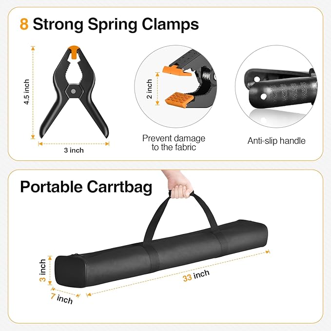 Backdrop Stand, 10x7ft(WxH) Photo Background Stand Adjustable Support Kit with 2 Crossbars, 8 Backdrop Clamps, 2 Sandbags and Carrying Bag for Parties Photography Wedding Decoration