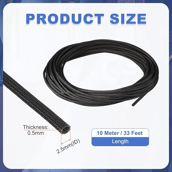 uxcell Insulation Cable Protector,2.5mm/0.10 Inch-10m/33 Feet High Temp Fiberglass Sleeve Black