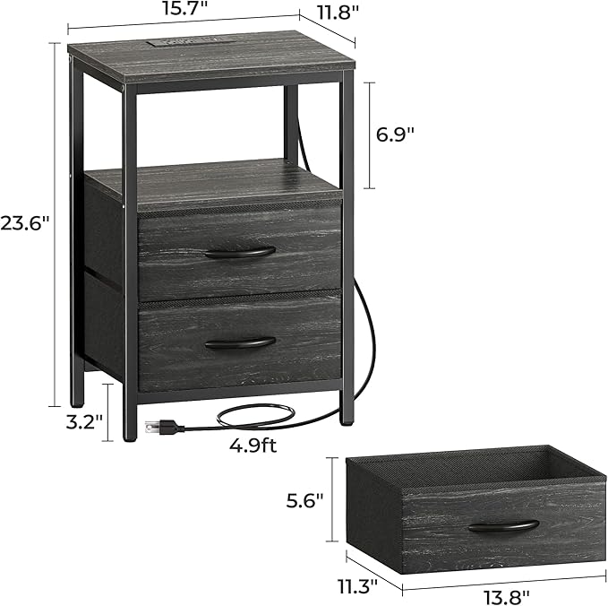 Huuger Nightstand with Charging Station, Fabric Drawers, End Table with Open Shelf, Bedside Table with USB Ports and Outlets, Night Stand for Bedroom, Charcoal Black Wood Grain Print