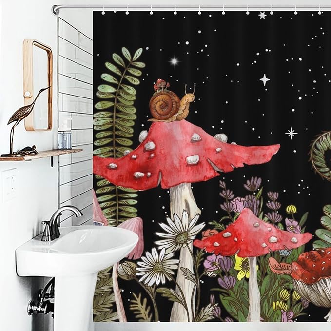 Mushroom Shower Curtain, Wild Floral Botanical Mushroom Moon Gothic Cottagecore Nature Plants Herbs Black Vintage Rustic Waterproof Fabric Bathroom Shower Curtain Set with Hooks, 72"x78" Inch