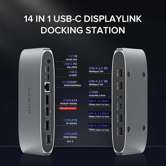 PULWTOP Displaylink Docking Station, Triple Display DisplayLink Dock for MacBook M1/M2/M3 Windows, 4K@60Hz Laptop Docking Station with 2 HDMI, 2 Display Port, PD, USB C Data, 4 USBA, Ethernet, Audio