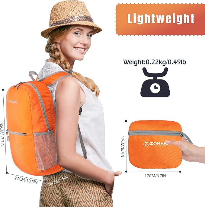 ZOMAKE Ultra Lightweight Hiking Backpack 20L, Packable Small Backpacks Water Resistant Daypack for Women Men(Orange)