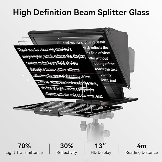 Desview P13 Teleprompter 13 Inch Aluminum Alloy with High Definition Glass, Compatible with iPad Tablet Phone DSLR, Portable No-Assembly Design for Video Recording