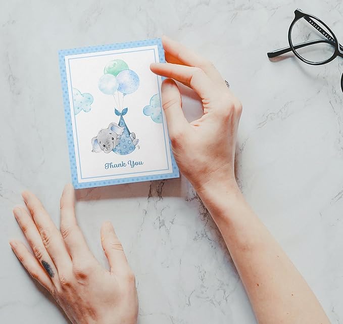 Twigs Baby Shower Thank You Cards with Envelopes - 12 Set Baby Shower Cards for Boy, New Baby Congratulations Cards, Welcome Baby Card, Made in the USA - Blue Elephant Designs, 5.5 x 4.25 Inch Size