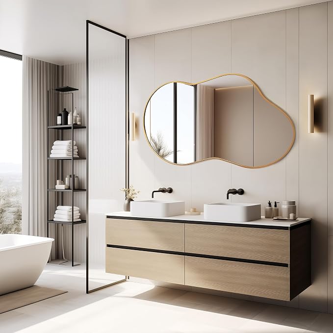 Dorlicecass Irregular Wall Mirror - Wall Mirrors Decorative 20"x36" Gold Asymmetrical Mirror Tempered Glass Aviation Aluminum Alloy Frame for Bathroom, Bedroom, Living Room, Cloakroom, Entryway