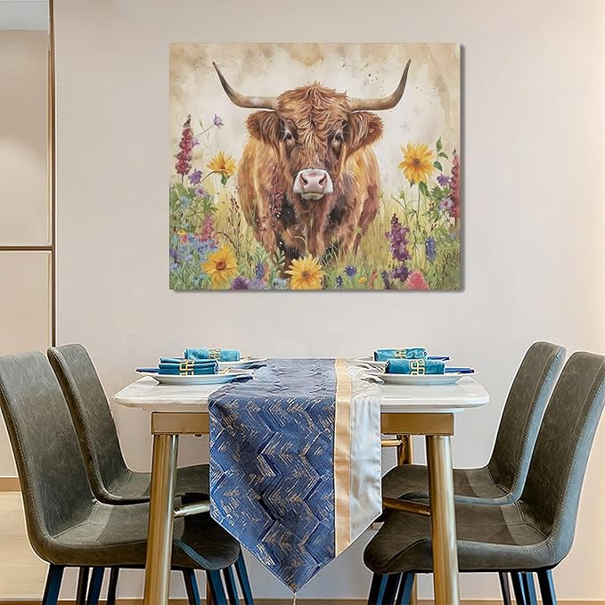 Highland Cow Wall Art Cow Pictures Wall Decor Flora Canvas Prints Painting Framed Artwork Office Home Decor For Bathroom Bedroom Dining Living Room 24L" x 20W"