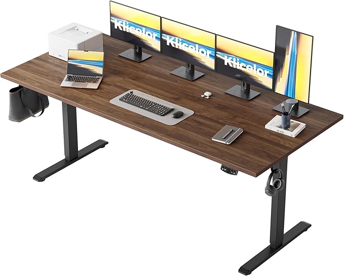 Klicelor 71 Inch Large Electric Standing Desk, Height Adjustable Office Desk, Sit Stand Up Computer Gaming Desk with Memory Preset, Three-Piece Desktop, Dark Walnut