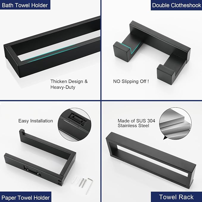 Lairuier 4-Piece Bath Towel Bar Set, Matte Black Bathroom Hardware Set Including Towel Bar,Towel Holder, Toilet Paper Holder, Towel Hook,Stainless Steel Bathroom Hardware Accessories Set