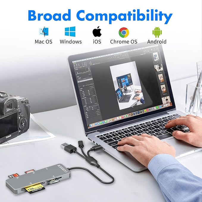 Memory Stick Pro Duo Adapter for iPhone/PC/iPad, 5 in 1 Memory Stick Pro Duo Reader for SD/TF/CF/MS/XD Card, Aluminum Portable Design XD Card Reader with Lightning/USB-C/USB-A Port
