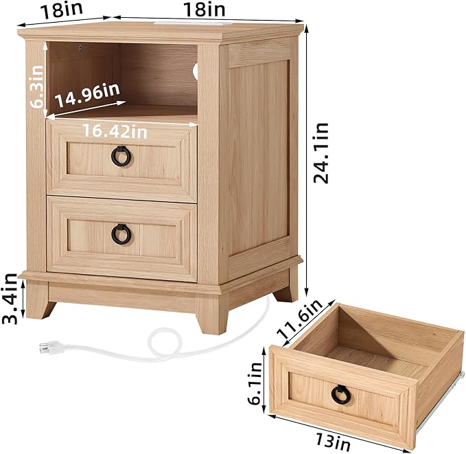 18" Farmhouse Night Stand with Charging Station, 2 Drawers Bedside End Table, Natural Wooden Nightstand, Bed Side Table Cabinet with Open Shelf for Bedroom Living Room Office