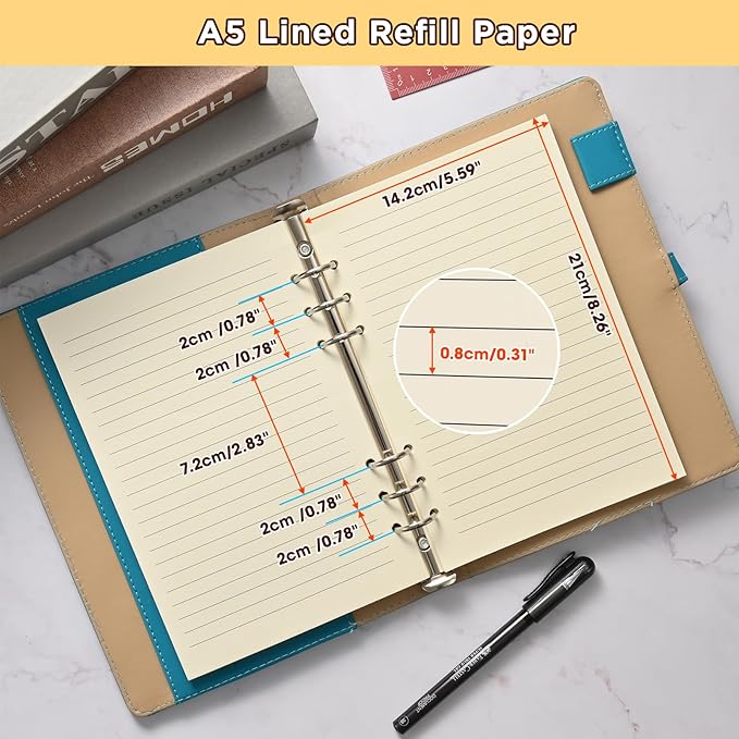 A5 6-Hole Lined Loose-Leaf Paper, Beige – Refill Pages for Standard A5 6-Ring Binder, Journals, Planners – Writes both sides–No bleed-through– Pack of 2 (80 Sheets per Pack)