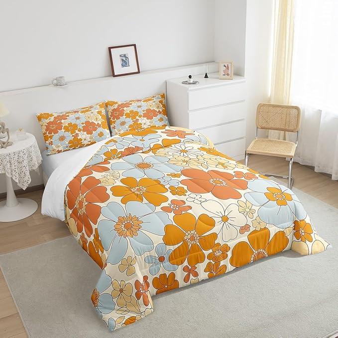 Castle Fairy Retro 70s 60s Floral Hippie Bedding Comforters Queen Size,Summer Groovy Flowers Comforter Set with 2 Pillowcases,Boho Plant 3pcs Children Adult Duvet Set,Soft