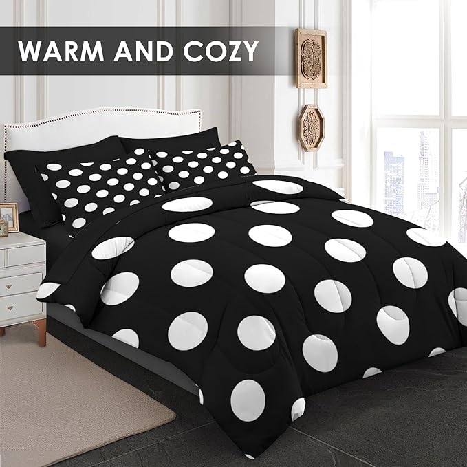 Comforter Set Queen Size, Polka Dot 7 Pcs Bedding for Kids and Adults, Black and White Bed Sheet Sets with Fitted Sheet 2 Pillowcase & 2 Sham for Bedroom Bed Decor