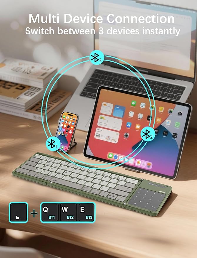 Nillkin Upgraded Foldable Bluetooth Keyboard with Touchpad & Number Pad, Portable Wireless Keyboard for Travel, Pocket-Sized, Full Size Keys, Support 3 Devices for iPad Laptop Tablets Phone, Green