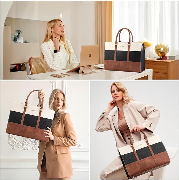 LOVEVOOK Laptop Bag for Women, 15.6 Inch Laptop Tote Bag, Vintage Leather Work Bags for Women, Waterproof Computer bag with Clutch Purse, Large Capacity Briefcase, Business Office Bag