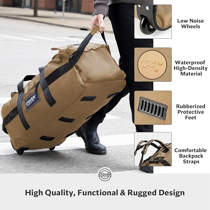 STOVER 80L Rolling Duffel Bag with Wheels, Large Durable Travel Duffle + Toiletry Bag, Heavy Duty, Packable, Foldable with Shoulder Straps- Use as Luggage or Backpack, Men/Women (Tan)