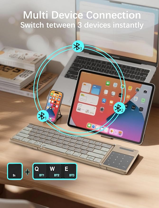 Nillkin Upgraded Foldable Bluetooth Keyboard with Touchpad & Number Pad, Portable Wireless Keyboard for Travel, Pocket-Sized, Full Size Keys, Support 3 Devices for iPad Laptop Tablets Phone, Khaki