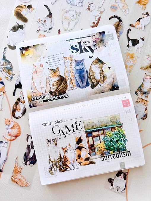 RICHTAPES-Seahorse Forest Vol3-A20 Meow,Original Design Cute Cat Vintage Thin Washi Tape Stickers,for Scrapbook Supplies,Scrapbook Tape Stickers,Junk Journal Stickers,Bullet Journal Supplies