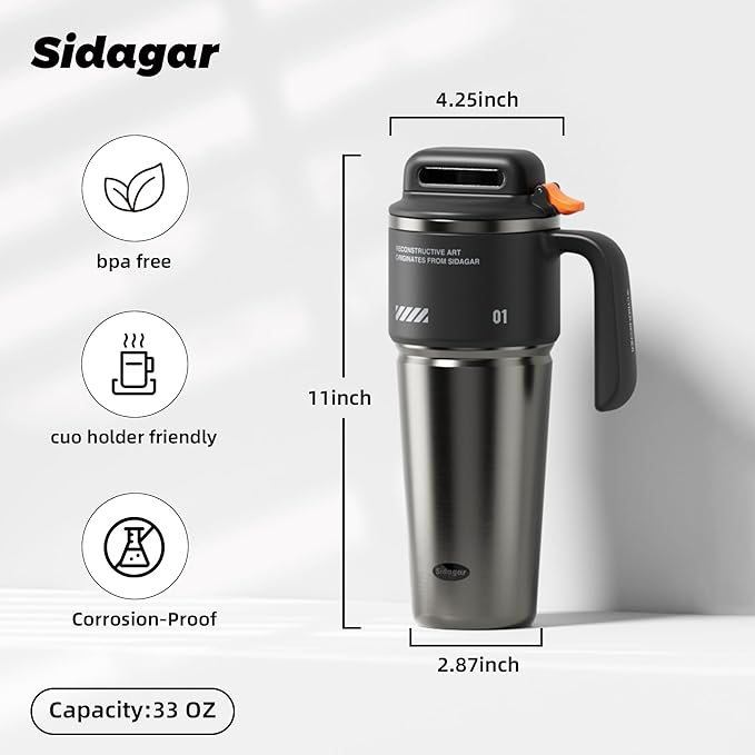 32 oz Tumbler with Handle and Straw, Vacuum Insulated Stainless Steel Travel Mug with Push-button Lid, Double Wall Coffee Cup, Fits in Cup Holder - Obsidian Black
