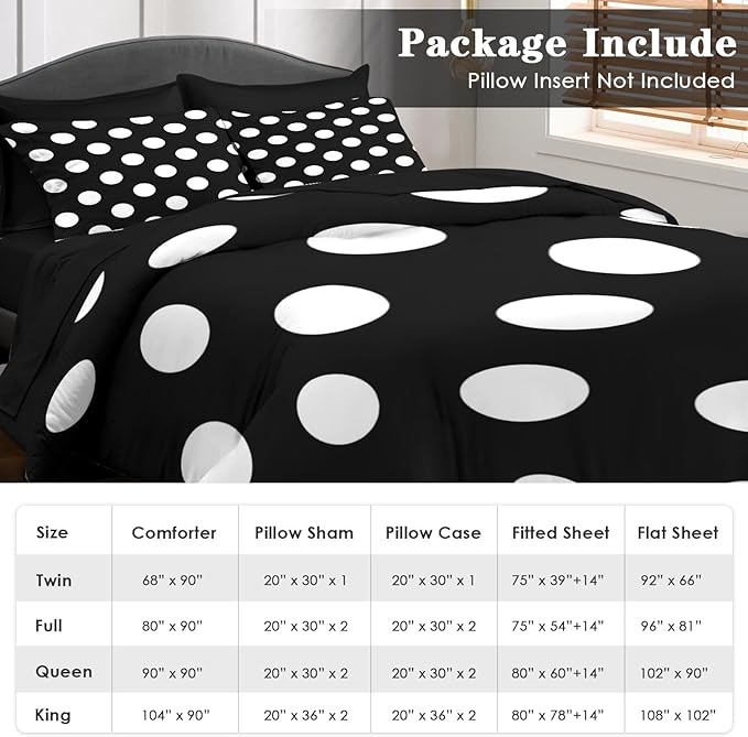 Comforter Set King Size, Polka Dot 7 Pcs Bedding for Kids and Adults, Black and White Bed Sheet Sets with Fitted Sheet 2 Pillowcase & 2 Sham for Bedroom Bed Decor