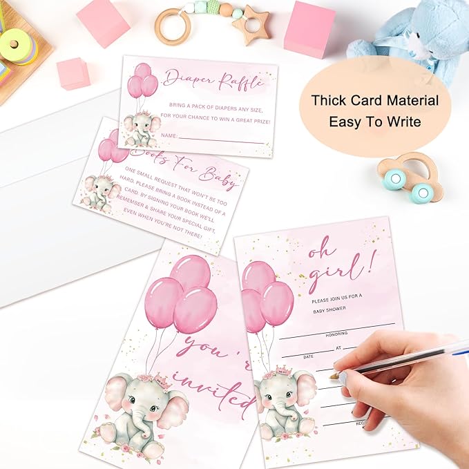 Pink Elephant Baby Shower Invitations for Girl, Girl Baby Shower Invites with Envelopes, Set of 25 Gender Reveal Invites Cards with Envelopes & Book Request Cards & Diaper Raffle Tickets -09