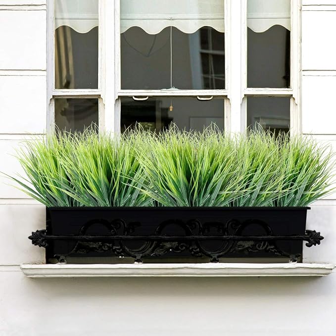 12 Bundles Artificial Grasses Outdoor UV Resistant Fake Grass No Fade Faux Plastic Plants Garden Window Box Decorating(Green Grass)
