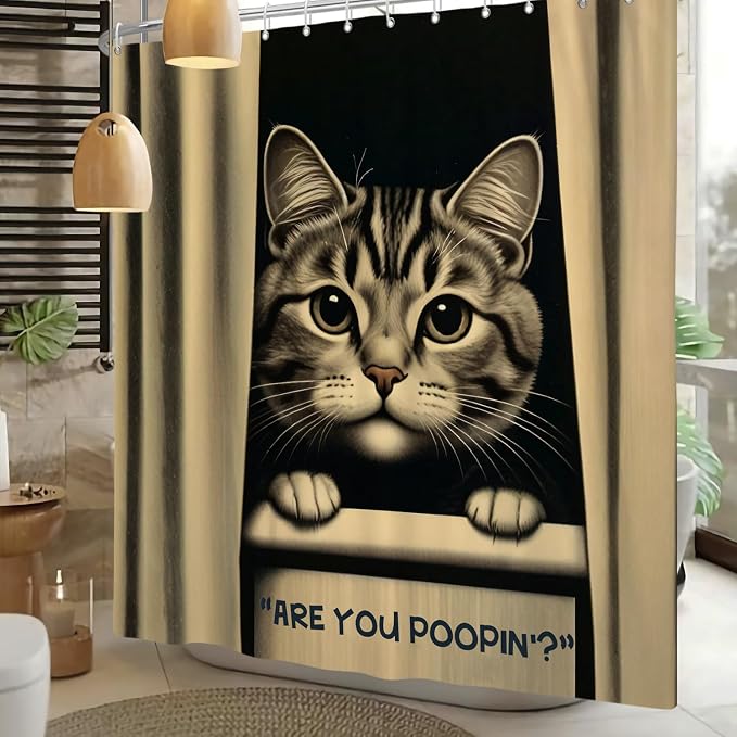 Cat Shower Curtains Cute are You Poopin' Funny Humorous Animal Whimsical Bathroom Curtain Curious Joke Cat Shower Curtain Sets for Bathroom Extra Long 60x72 in with 10 Hooks
