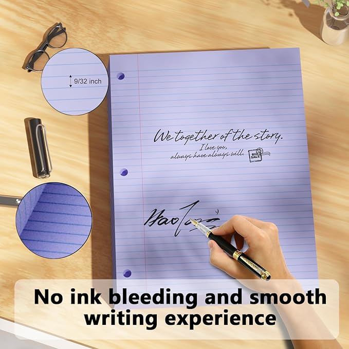 Purple Loose Leaf Paper 200 Sheets Colored Filler Paper 2 Pack 8 * 10.5 College Ruled Paper 3-Hole Punched Paper for 3-Ring Binders Notebook Lined 8" x 10.5"