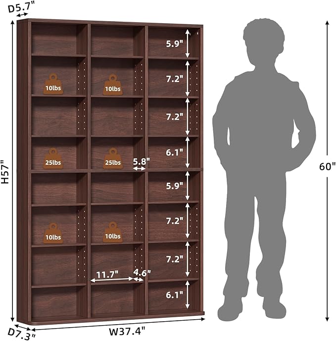 LELELINKY 8 Tier Tall Display Cabinet, Walnut Media Storage Cabinet with Adjustable Shelves, Free Standing DVD Organizer Shelf, Floor Multimedia Storage Manga Bookshelf for Living Room & Home Office.