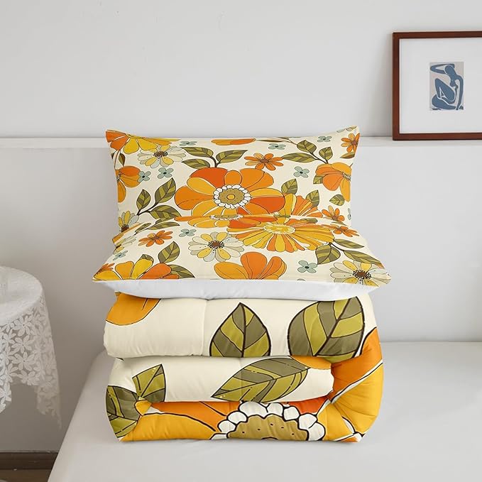 Castle Fairy Retro Flowers Comforter Set Twin Size,Watercolor Yellow Floral Green Leaves Plant Quilt Set for Kids Boys Bedroom Collection,70s Trippy Daisy Polyester Bedding with 1 Pillowcase,2Pcs