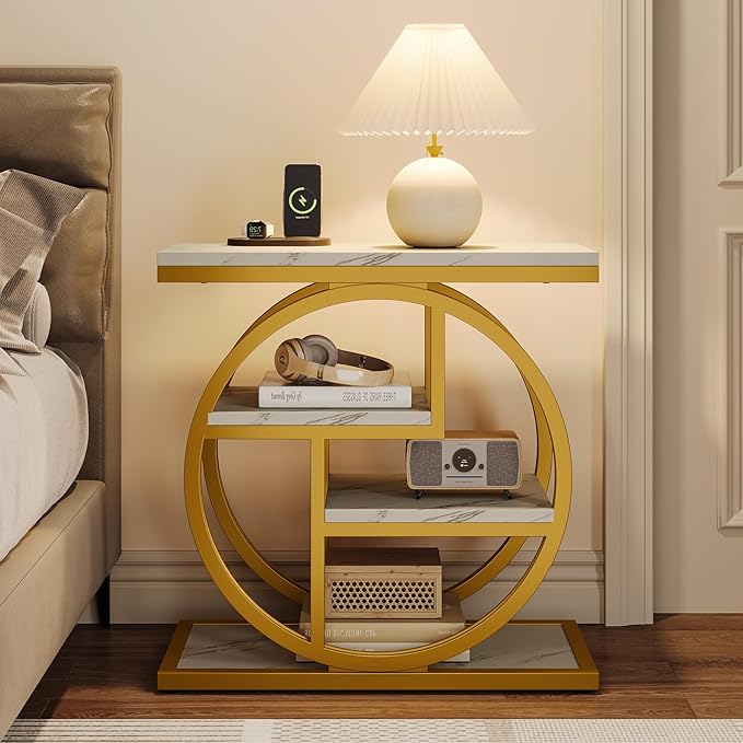 Tribesigns End Table for Living Room, Modern Faux Marble Narrow Side Table with Storage Shelves, 4-Tier Bedside Table for Bedroom, Small Sofa Side Table with Geometric Metal Frame (1 PC, White & Gold)