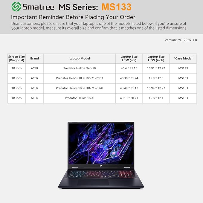 Smatree MS133 Hard EVA Protective Sleeve with Stand Compatible for 18 inch Acer Predator Helios 18 AI, for 18 inch Predator Helios 18 PH18-71-756U/76B3, for PredatorHelios Neo 18 Gaming Laptop