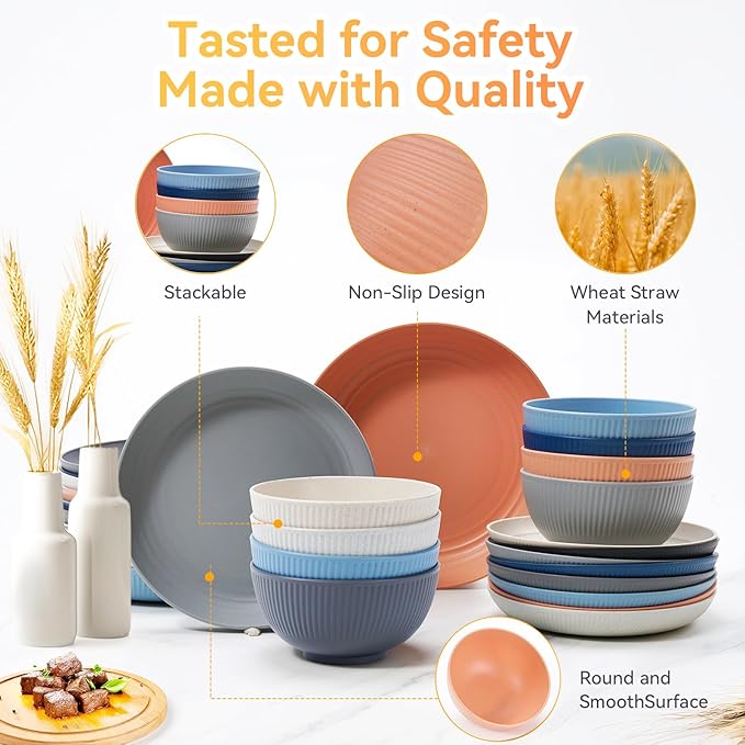 Wheat Straw Dinnerware Sets,64-Piece Plates and Bowls Sets for 8-Unbreakable,Reusable Plastic Dish Set-Dinner Plate/Dessert Plate/Cereal Bowl/Cup/Utensils-Microwavable Dishwasher Safe 64P-Gray