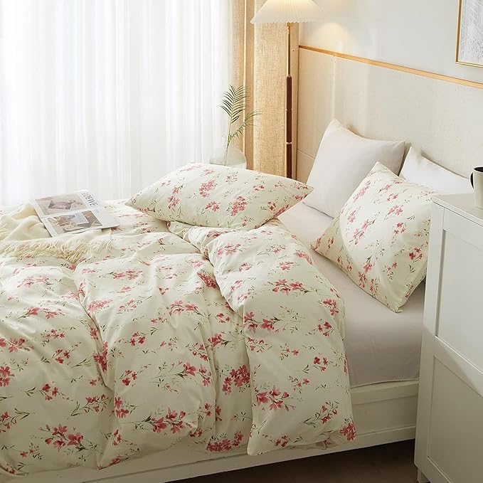 Boho Floral Duvet Cover Twin XL Soft Cotton Pink Floral Bedding Set Chic Garden Style Cute Flower Pattern Duvet Cover Vintage Floral Botanical Comforter Cover 1 Twin XL Duvet Cover with 2 Pillowcases