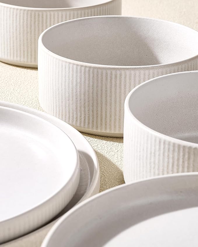 8-Piece Dinner/Salad Plates, Matte White Dish Set for 4 | Chip & scratch resistant stoneware dinnerware. Microwave & dishwasher safe. Handcrafted reactive glaze. For daily & serving.