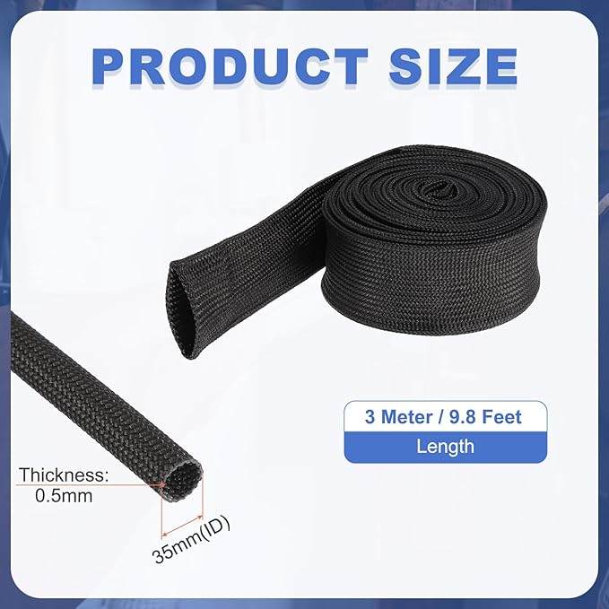 uxcell Insulation Cable Protector,35mm/1.38 Inch-3m/10 Feet High Temp Fiberglass Sleeve Black