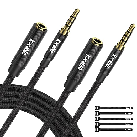 2 Pack 3.5mm Headphone Extension Cable 12FT, 4 Pole TRRS 1/8 inch Male to Female Stereo Audio Cord, Nylon Braided, Microphone Compatible, for Headphone, iPad, Smartphone, Media Players, Tablet- Slim