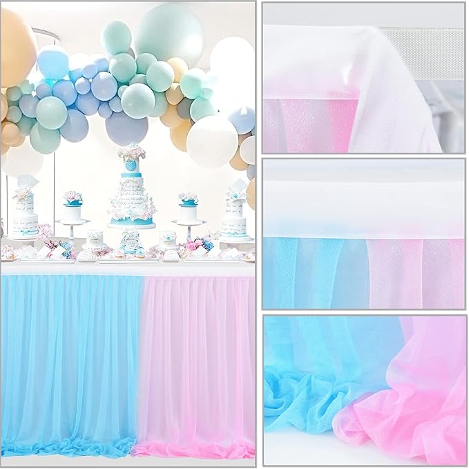 Pink Blue Tulle Table Skirts Gender Reveal Tutu Table Skirt Baby Shower Tablecloth for Girl Boy Birthday Party Cake Dessert Banquet Table Decorations 14ft