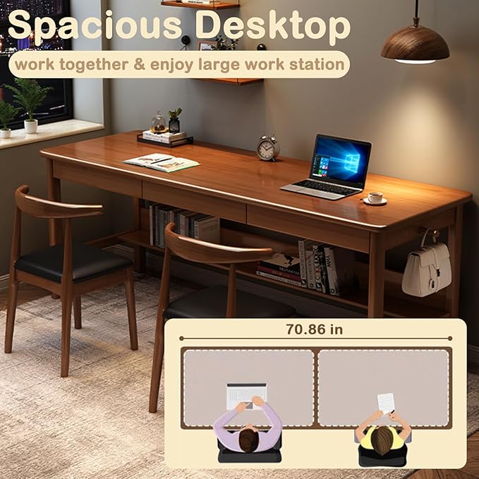 70.86" Long Solid Wood Desk with 3 Drawers Home Office Computer Desk Mid Century Modern Large Study Writing Desk Simple Real Wood Desk Study Table Workstation, Walnut