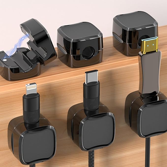 IFNOW 6 Pack Magnetic Cable Clips for Nightstand Black Self Adhesive Cord Holder Adjustable Clip for Desk, Nightstand, Phone Charger, Computer, Home, Office, Car