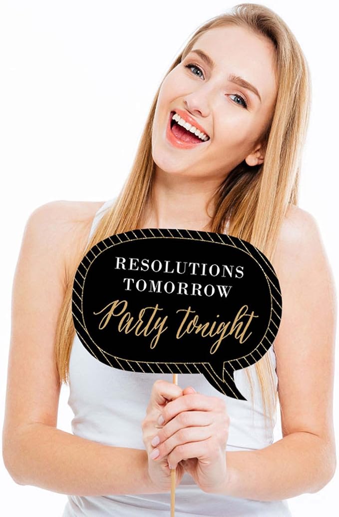Big Dot of Happiness Funny New Year's Eve Photo Booth Props Kit, 10-Piece, Black & Gold, Cardstock & Wood