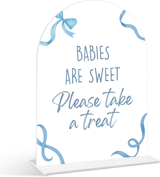 Babies Are Sweet Please Take a Treat Sign - Blue Bow Baby Shower Sign, 1 Pack Arch Acrylic Sign with Stand, Gender Reveal Party Table Decor, Blue Baby Shower Supplies (SP08)