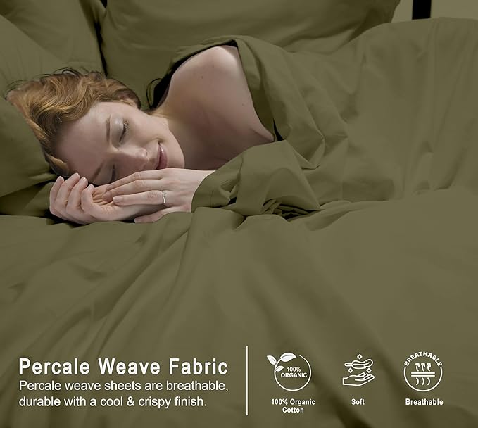 RUVANTI 100% Organic Cotton Sheets Queen Size, Percale Weave, GOTS Certified, 4-Piece Set, Deep Pocket 15", Crisp & Breathable, Soft Durable Bedding, Sábanas Algodón Orgánico – Olive