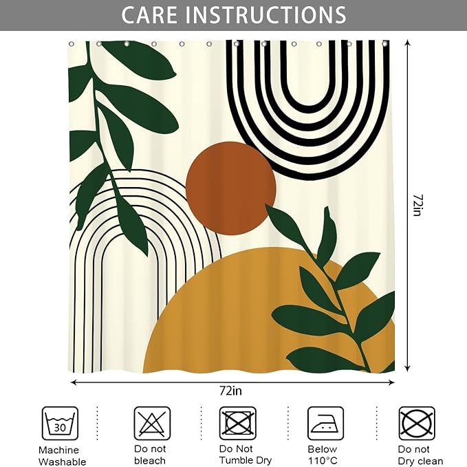 Boho Geometric Shower Curtain Beige Mid Century Abstract Arch Curve Bathroom Curtain Minimalistic Sun Shower Curtain Sets for Bathroom Extra Long 69x70 in with 12 Hooks