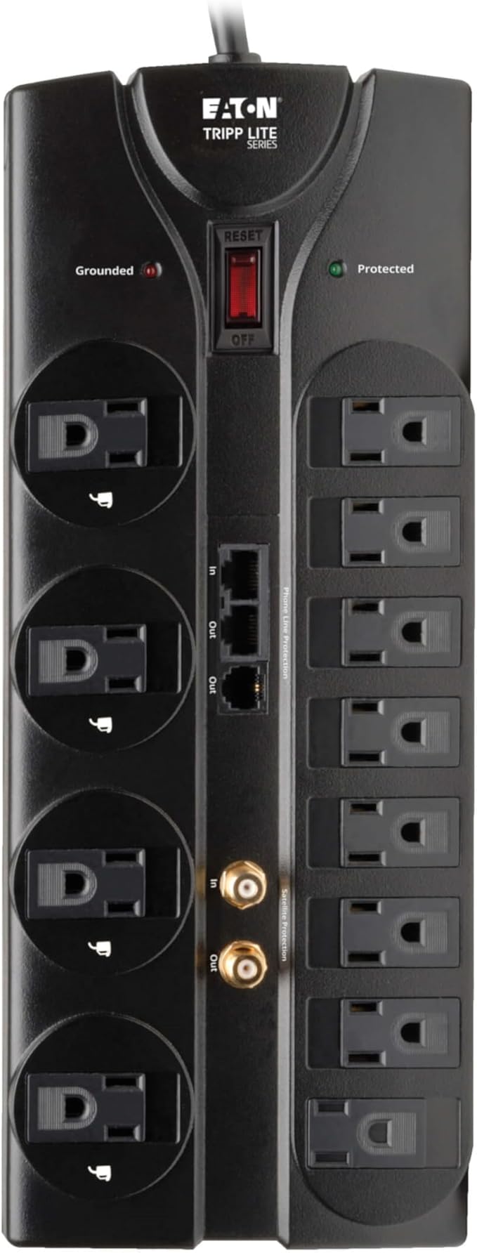Eaton Tripp Lite TLP1208SAT Home Theater Surge Protector Power Strip, 12 Outlets, Flat Plug 8ft Extension Cord, 2880 Joules Coax, RJ11 and RJ45 Port for Phone, TV, WiFi Router, & Ethernet Protection
